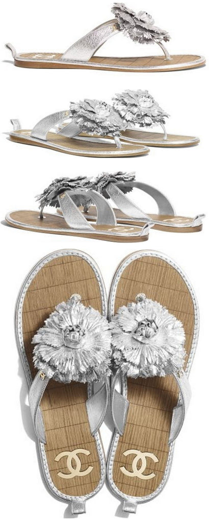 Silver Crumpled Goatskin Flower Thong Sandals