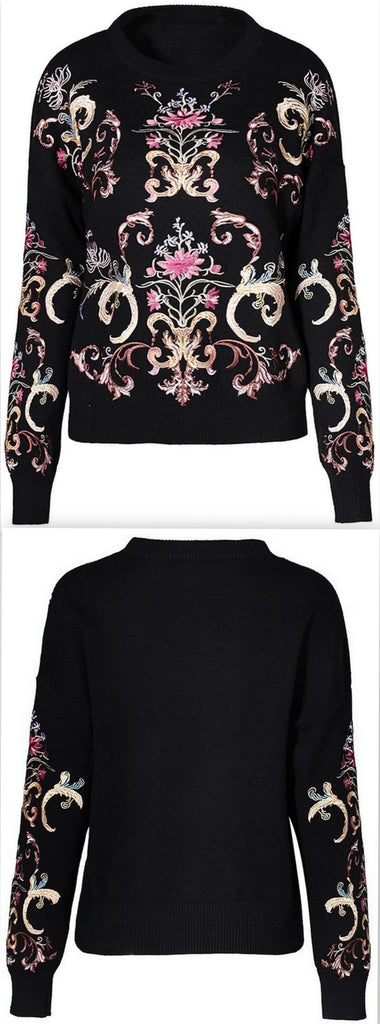 Floral-Embroidered Knit Sweater