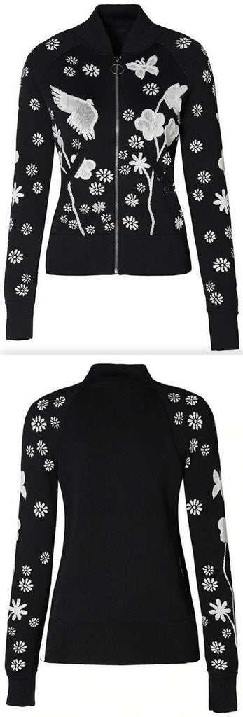 Floral-Embroidered Zip Jacket