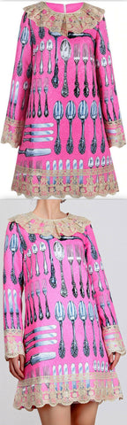 Utensil Print Lace-Trim Shift Dress