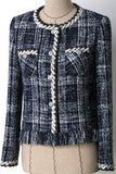 Braided-Trim Fringed Tweed Jacket