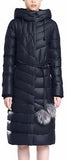 Belted Fur Pom Pom Puffer Down Coat in Dark Blue - DESIGNER INSPIRED FASHIONS