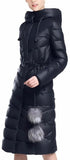 Belted Fur Pom Pom Puffer Down Coat in Dark Blue - DESIGNER INSPIRED FASHIONS