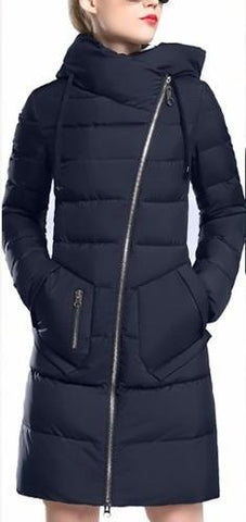 Asymmetric Zip Puffer Down Coat in Deep Blue - DESIGNER INSPIRED FASHIONS