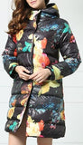 Multi Colored Floral Print Down Coat in Black - DESIGNER INSPIRED FASHIONS