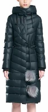 Belted Fur Pom Pom Puffer Down Coat in Dark Green - DESIGNER INSPIRED FASHIONS
