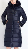 Long Puffer Coat with Rabbit Fur Hood in Dark Blue - DESIGNER INSPIRED FASHIONS