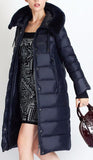 Long Puffer Coat with Rabbit Fur Hood in Dark Blue - DESIGNER INSPIRED FASHIONS