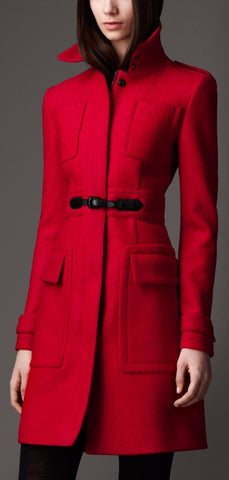 'Equestrian' Buckle Wool Coat in Red - DESIGNER INSPIRED FASHIONS