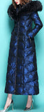 Floral Print Fur-Hooded Long Puffer Coat, Blue