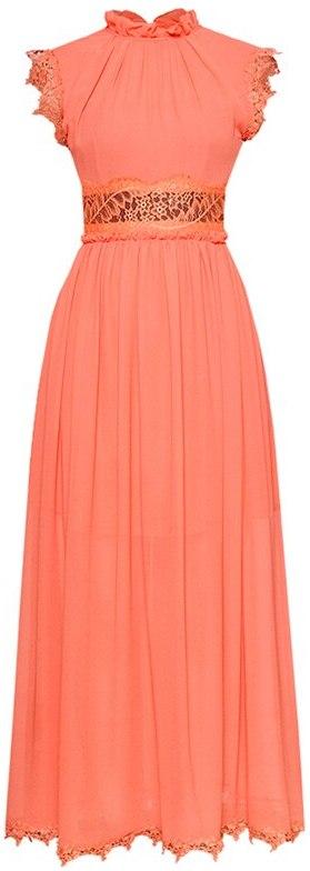 Ruffle Macrame Trim Chiffon Gown