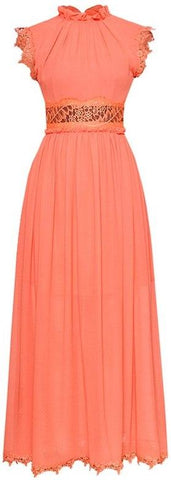 Ruffle Macrame Trim Chiffon Gown