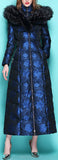 Floral Print Fur-Hooded Long Puffer Coat, Blue