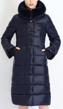 Long Puffer Coat with Rabbit Fur Hood in Dark Blue - DESIGNER INSPIRED FASHIONS