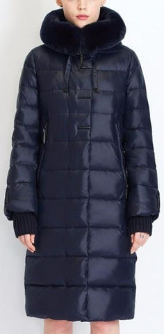 Long Puffer Coat with Rabbit Fur Hood in Dark Blue - DESIGNER INSPIRED FASHIONS