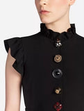 Black Jewel-button Ruffle-Trim Mini Dress