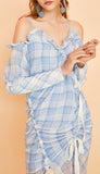 Asymmetrical Ruffle Plaid Ruched Dress