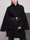 Belted Black Flared-Sleeve Cape Coat - DESIGNER INSPIRED FASHIONS