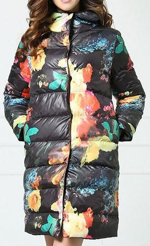 Multi Colored Floral Print Down Coat in Black - DESIGNER INSPIRED FASHIONS