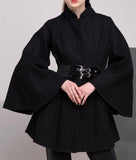 Belted Black Flared-Sleeve Cape Coat - DESIGNER INSPIRED FASHIONS