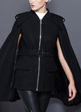 Black Wool Cape Zipped Jacket - DESIGNER INSPIRED FASHIONS