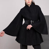 Belted Black Flared-Sleeve Cape Coat - DESIGNER INSPIRED FASHIONS