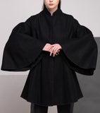 Belted Black Flared-Sleeve Cape Coat - DESIGNER INSPIRED FASHIONS