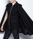 Black Wool Cape Zipped Jacket - DESIGNER INSPIRED FASHIONS