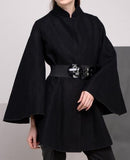 Belted Black Flared-Sleeve Cape Coat - DESIGNER INSPIRED FASHIONS
