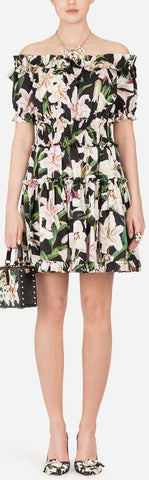 Lily Print Off-the-Shoulder Poplin Dress