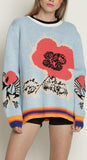 Floral-Print Contrast-Stripe Knit Sweater