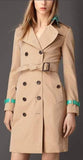 Faux-Leather Trim Trench Coat in Beige with Light Blue Trim - DESIGNER INSPIRED FASHIONS