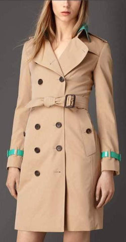 Faux-Leather Trim Trench Coat in Beige with Light Blue Trim - DESIGNER INSPIRED FASHIONS
