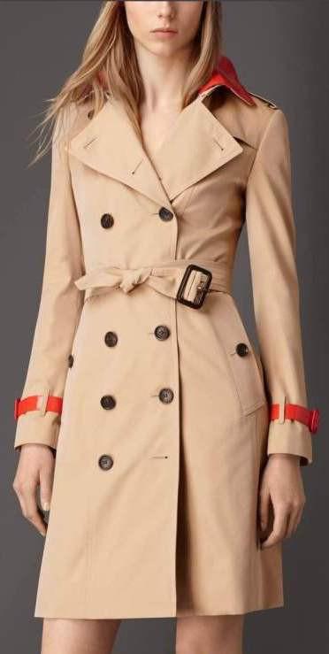Faux-Leather Trim Trench Coat in Beige with Red Trim - DESIGNER INSPIRED FASHIONS