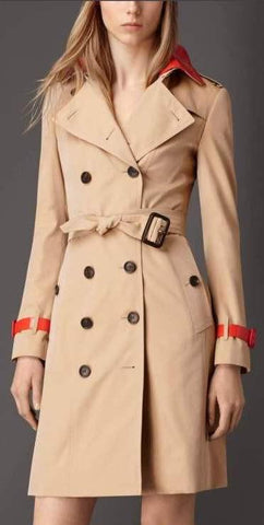 Faux-Leather Trim Trench Coat in Beige with Red Trim - DESIGNER INSPIRED FASHIONS