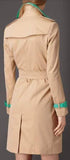 Faux-Leather Trim Trench Coat in Beige with Light Blue Trim - DESIGNER INSPIRED FASHIONS