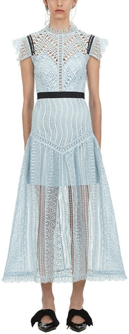 Blue Abstract Triangle Lace Midi Dress