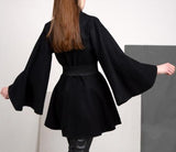 Belted Black Flared-Sleeve Cape Coat - DESIGNER INSPIRED FASHIONS