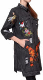 'L'aveugle Par Amour' Applique Floral Embellished Sequin Long Distressed Denim Jacket - DESIGNER INSPIRED FASHIONS