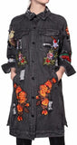 'L'aveugle Par Amour' Applique Floral Embellished Sequin Long Distressed Denim Jacket - DESIGNER INSPIRED FASHIONS