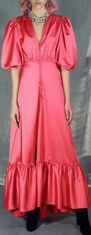 Satin Balloon Sleeve Flounce Maxi Dress
