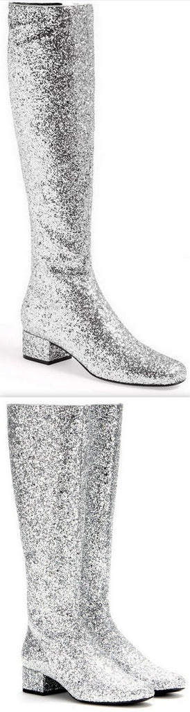 Metallic Glitter Knee Boots - Silver