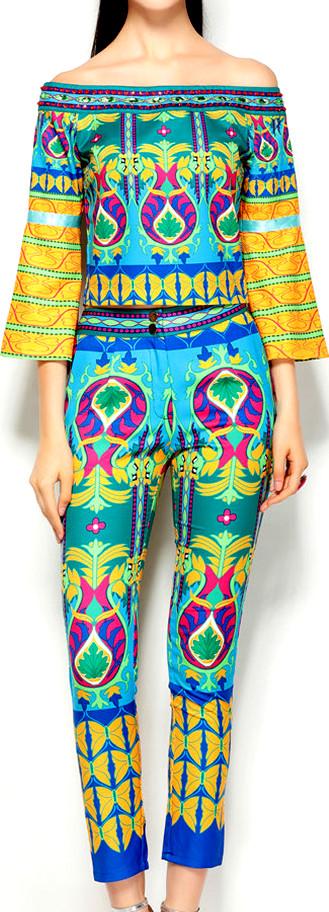 Print Off-Shoulder Top and Cropped Pant Set