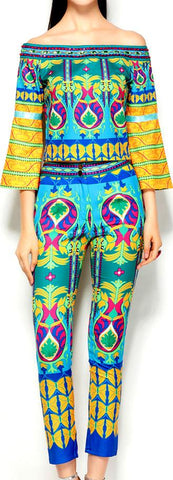 Print Off-Shoulder Top and Cropped Pant Set