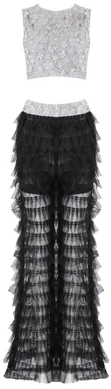 Floral-Appliques Lace Crop-Top and Ruffled Mesh Pant Set