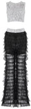 Floral-Appliques Lace Crop-Top and Ruffled Mesh Pant Set