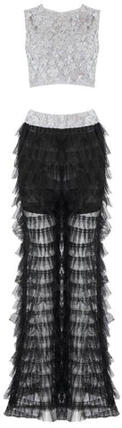 Floral-Appliques Lace Crop-Top and Ruffled Mesh Pant Set
