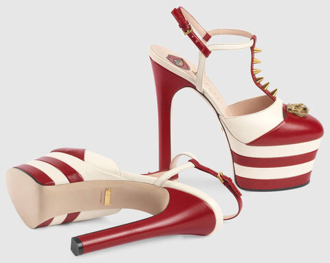 Studded Striped-Leather Platform Pump-Red - DESIGNER INSPIRED FASHIONS