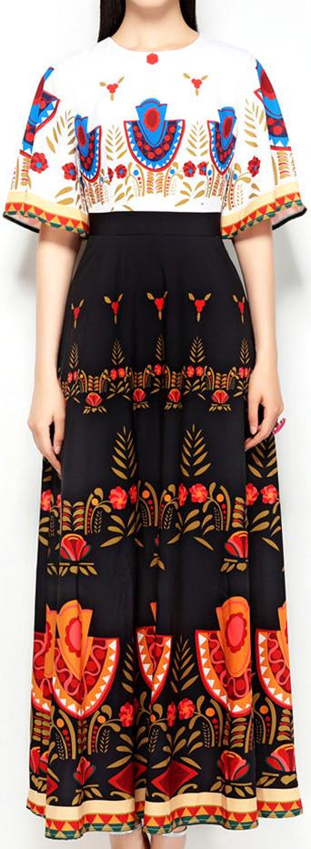 Print Color-Contrast Maxi Dress