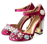 Rhinestone-Embellished Caged-Hell Velvet Pumps, Wine Red